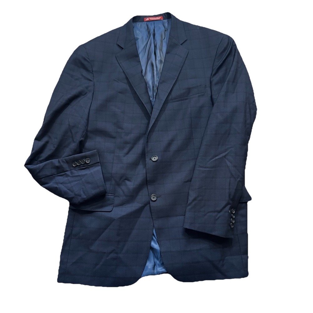 Hart Schaffner Marx 44L Navy Check Blazer Wool Sport Coat USA Made